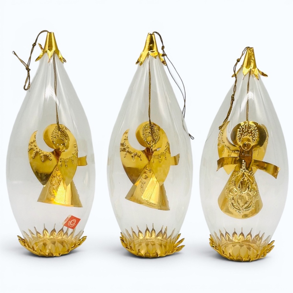 Lenz Hand Blown Glass Angel Christmas Ornaments Set‎ of 3 Gold Tone 6.5" Spinner - Picture 2 of 2